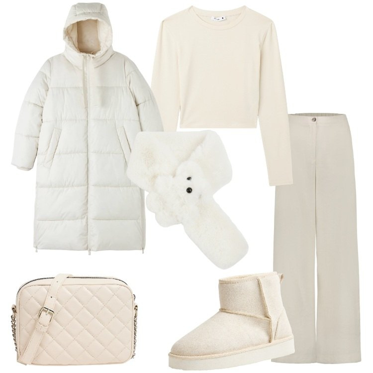 Outfit donna - Weekend sulle Dolomiti. Stile Trendy per Tutti i giorni. Abbinamento con sciarpe, t-shirt, piumini, stivali, borse a tracolla, pantaloni.