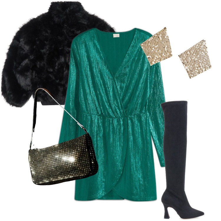 Outfit donna - Voglia di brillare. Stile Glamour per Serata fuori. Abbinamento con vestiti corti, orecchini, borse a spalla, ecopellicce, stivali.