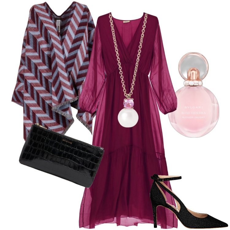 Outfit donna - La cappa raffinata. Stile Romantica per Cerimonia. Abbinamento con profumi, collane, décolleté, cappe, vestiti lunghi, clutch.