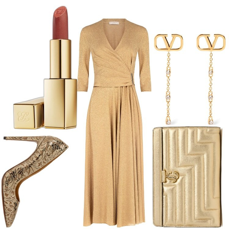 Outfit donna - Signora in oro. Stile Chic per Cerimonia. Abbinamento con rossetti, vestiti lunghi, décolleté, orecchini, pochette.