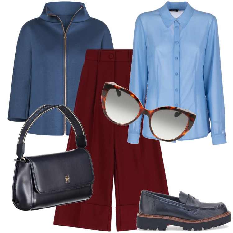 Outfit donna - La cappa per l’ufficio. Stile Urban per Ufficio. Abbinamento con cappe, camicie, pantaloni, mocassini, borse a spalla, occhiali da sole.