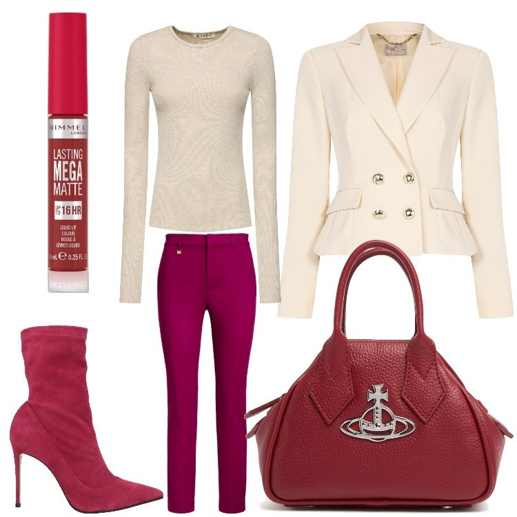 Outfit donna - Bianco burgundy chic. Stile Chic per Serata fuori. Abbinamento con stivaletti, rossetti, blazer, pantaloni, borse a mano, top.