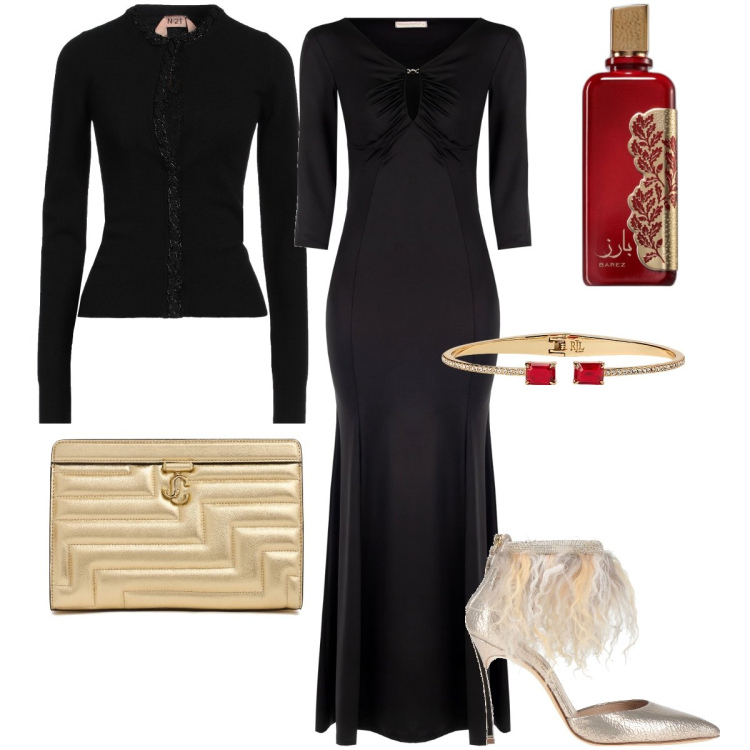 Outfit donna - Le décolleté con piume. Stile Sexy per Serata fuori. Abbinamento con décolleté, cardigans, profumi, vestiti lunghi, braccialetti, pochette.
