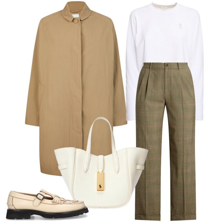 Outfit donna - Il trench lungo. Stile Trendy per Tutti i giorni. Abbinamento con borse tote, pantaloni, mocassini, trench, t-shirt.