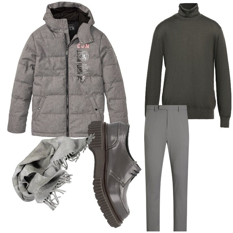 Outfit uomo - Grigio casual. Stile Casual per Ufficio. Abbinamento con giacche, maglieria, scarpe stringate, pantaloni, sciarpe.