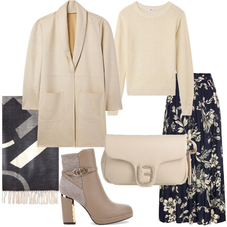 Outfit donna - Chic in panna e nero. Stile Chic per Serata fuori. Abbinamento con gonne lunghe, borse a mano, trench, maglieria, stivaletti, sciarpe.