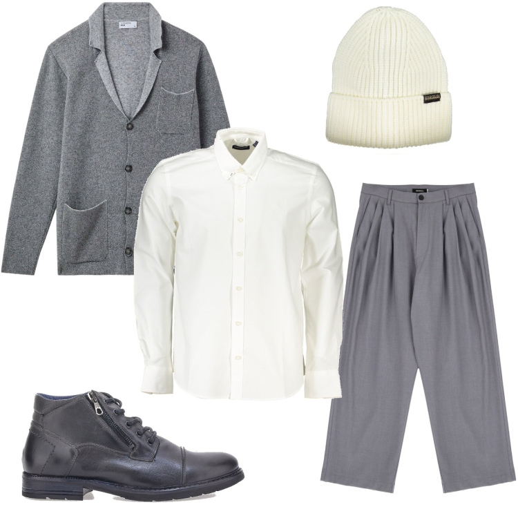 Outfit uomo - Eleganza dinamica. Stile Casual per Ufficio. Abbinamento con giacche, pantaloni, stivali e stivaletti, berretti, camicie.