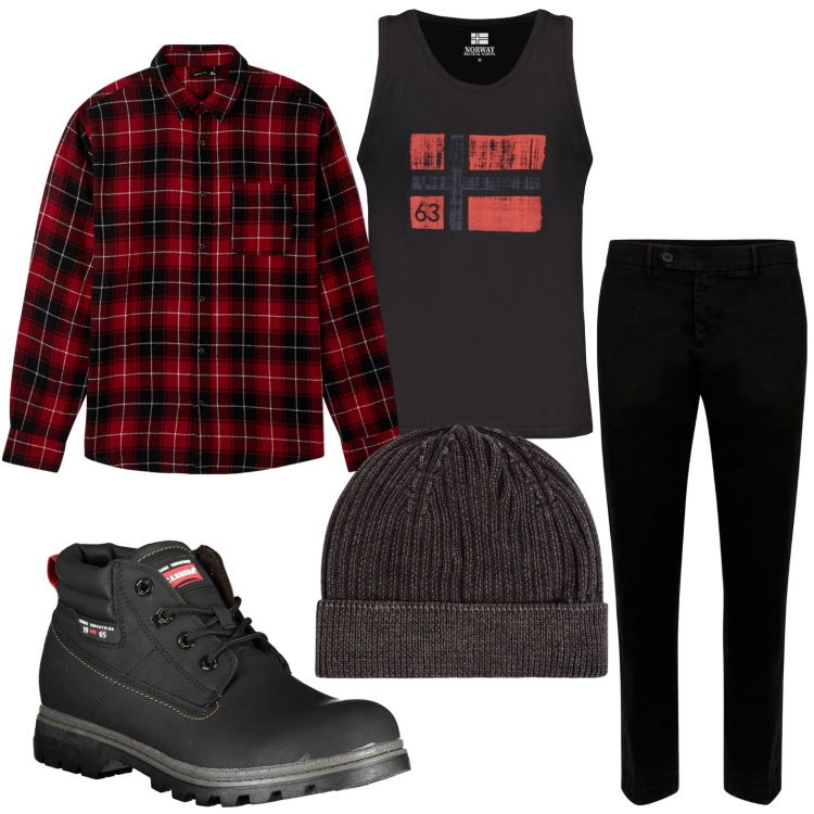 Outfit uomo - Al caldo col berretto. Stile Trendy per Tutti i giorni. Abbinamento con camicie, berretti, stivali, pantaloni chino, canottiere.