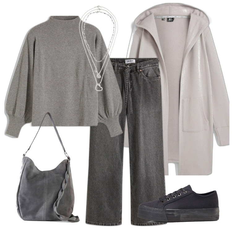 Outfit donna - Casual grey. Stile Casual per Tutti i giorni. Abbinamento con blazer, sneakers, borse a mano, collane, jeans, maglieria.
