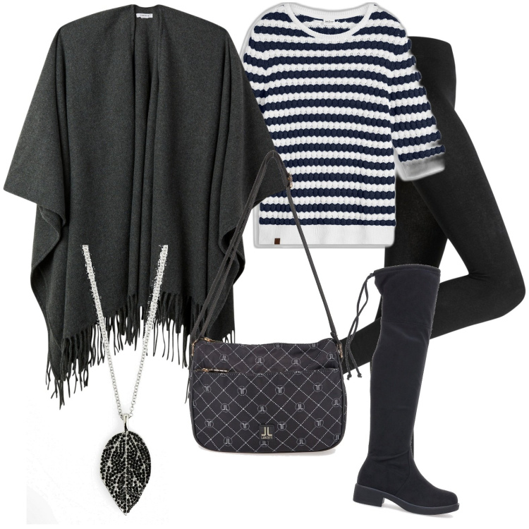 Outfit donna - Total look #1997583. Stile Casual per Tutti i giorni. Abbinamento con leggings, maglieria, ciondoli, cappe, stivali, borse a tracolla.