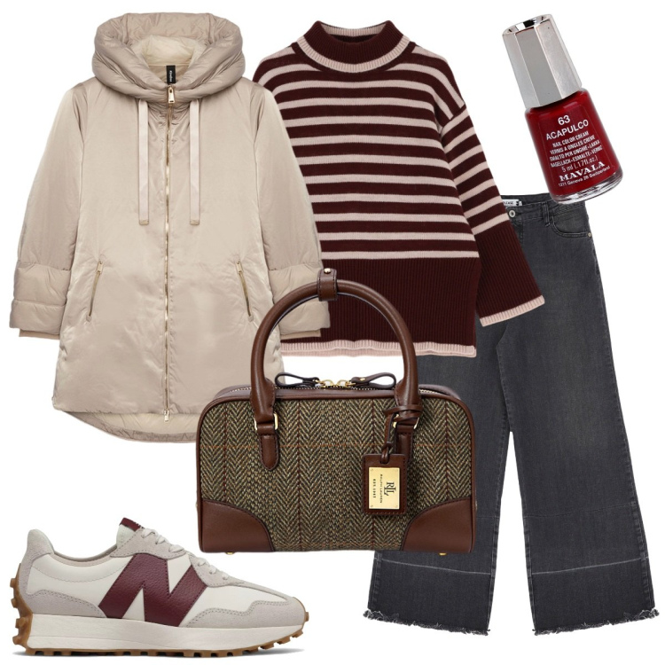 Outfit donna - Comfort e colore. Stile Sporty chic per Tutti i giorni. Abbinamento con smalti, sneakers, jeans, maglieria, borse a mano, piumini.