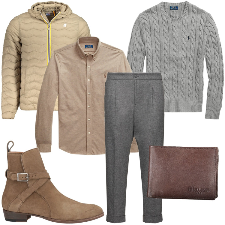Outfit uomo - Sabbia e grigio. Stile Casual per Ufficio. Abbinamento con stivali e stivaletti, camicie, maglieria, pantaloni, giacche, portafogli.