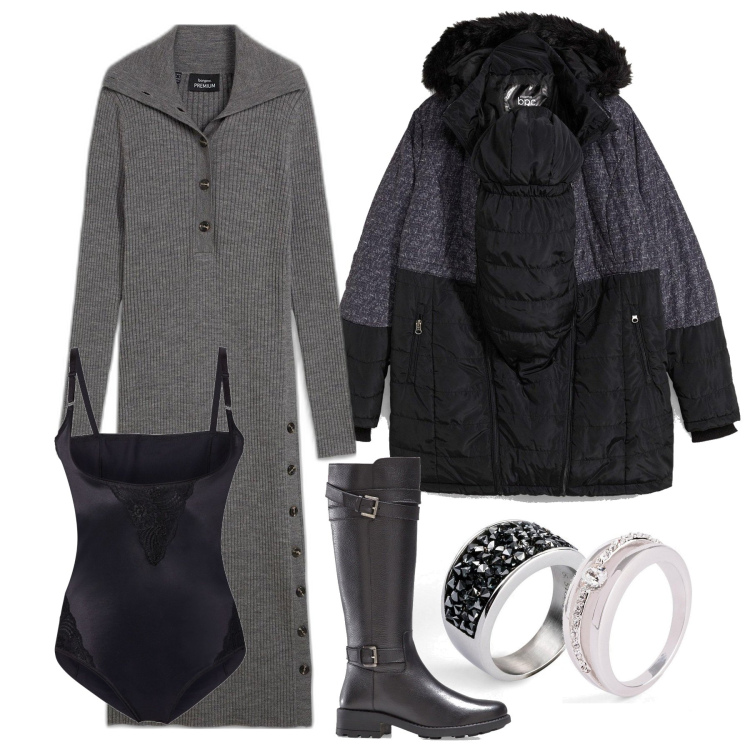 Outfit donna - Mom style. Stile Trendy per Tutti i giorni. look ideale per Premaman. Abbinamento con blazer, stivali, body, anelli, vestiti, anelli.