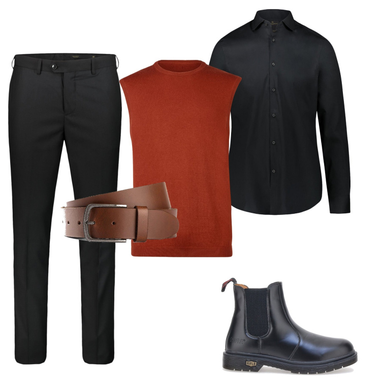Outfit uomo - Camicia e gilè. Stile Casual per Ufficio. Abbinamento con cinture, camicie, stivali e stivaletti, pantaloni, gilet.