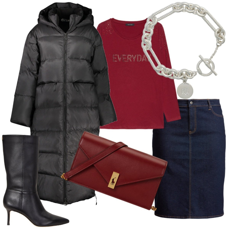 Outfit donna - Gonna di jeans in inverno. Stile Casual chic per Ufficio. Abbinamento con stivali, braccialetti, gonne, clutch, t-shirt, blazer.