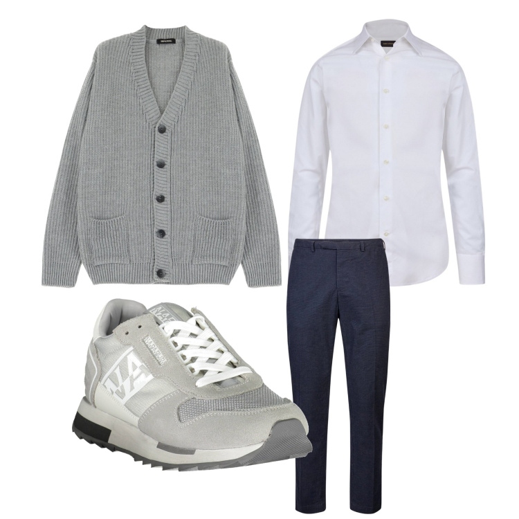 Outfit uomo - Sneakers ed eleganza. Stile Casual per Ufficio. Abbinamento con cardigans, camicie, pantaloni, sneakers.