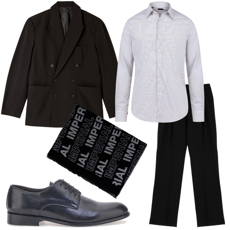 Outfit uomo - Raffinato in nero. Stile Trendy per Serata speciale. Abbinamento con giacche, pantaloni, sciarpe, scarpe stringate, camicie.