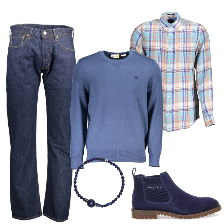 Outfit uomo - Modello 501. Stile Trendy per Tutti i giorni. Abbinamento con braccialetti, stivali e stivaletti, camicie, jeans, maglieria.