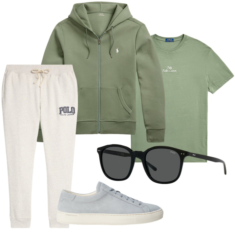 Outfit uomo - Passo svelto con le sneakers. Stile Urban per Sport. Abbinamento con felpe, occhiali da sole, sneakers, t-shirt, pantaloni.