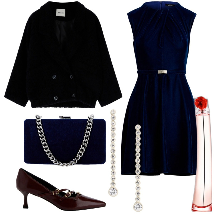 Outfit donna - Singles\' Day. Stile Chic per Serata fuori. Abbinamento con profumi, caban, décolleté, vestiti, clutch, orecchini.