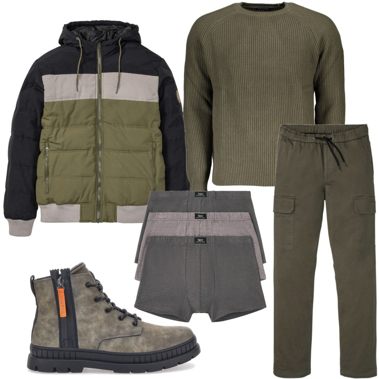 Outfit uomo - Ordinary green day. Stile Trendy per Tutti i giorni. Abbinamento con boxer, pantaloni cargo, giacche, maglieria, stivali e stivaletti.
