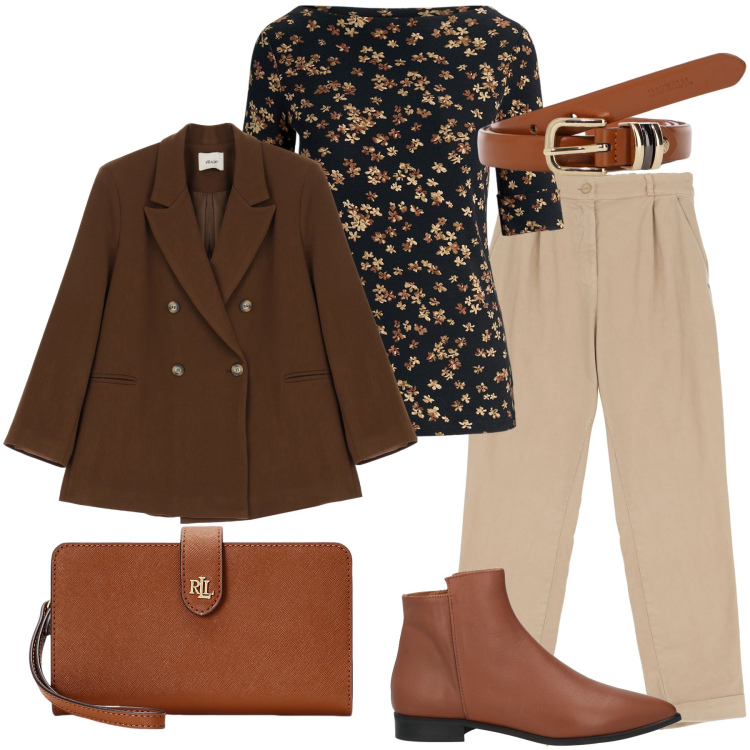 Outfit donna - Marrone chiaro e scuro. Stile Casual per Ufficio. Abbinamento con stivaletti, cinture, blazer, pantaloni chino, pochette, maglieria.