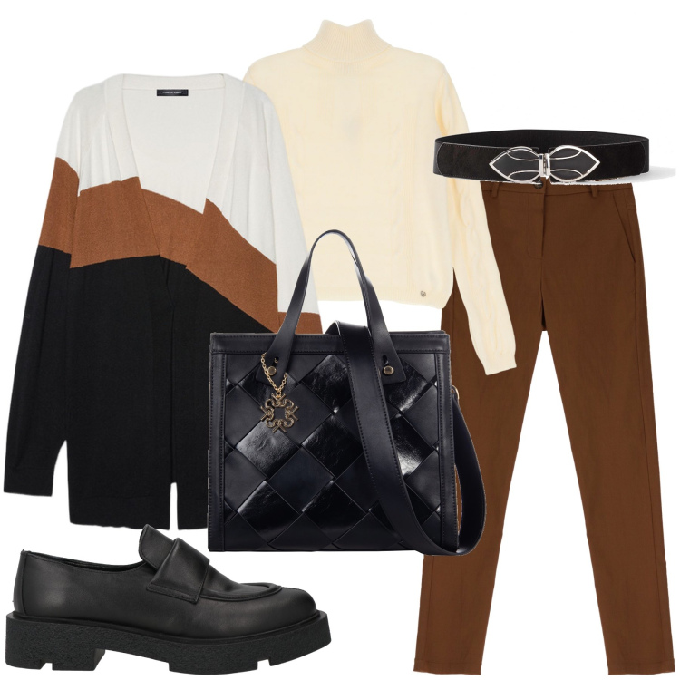 Outfit donna - Il cardigan multicolore. Stile Casual per Ufficio. Abbinamento con cinture, mocassini, pantaloni skinny, maglieria, borse a mano, cardigans.