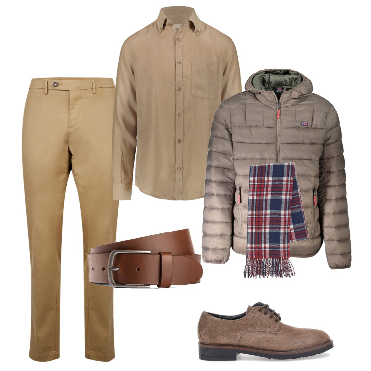 Outfit uomo - Classico sportivo. Stile Casual per Ufficio. Abbinamento con cinture, pantaloni chino, sciarpe, camicie, giacche, scarpe stringate.