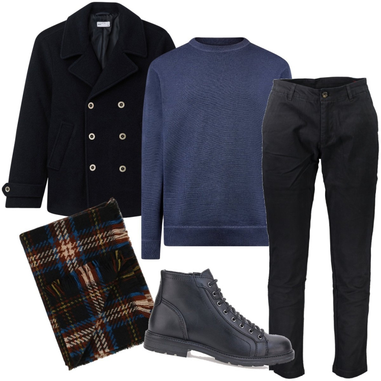Outfit uomo - Venerdì sera. Stile Business/Elegante per Serata speciale. Abbinamento con cappotti, sciarpe, maglieria, pantaloni, stivali e stivaletti.