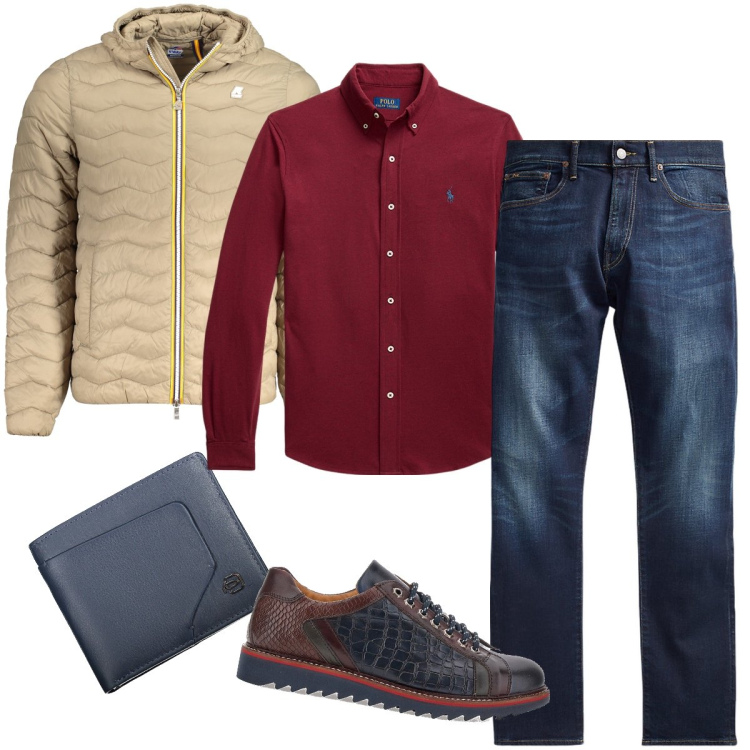 Outfit uomo - La camicia bordeaux. Stile Urban per Tutti i giorni. Abbinamento con jeans, camicie, giacche, portafogli, scarpe stringate.