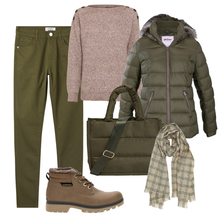 Outfit donna - Gita relax in montagna. Stile Casual per Tutti i giorni. Abbinamento con maglieria, piumini, pantaloni skinny, shopping bag, sciarpe, stivaletti.