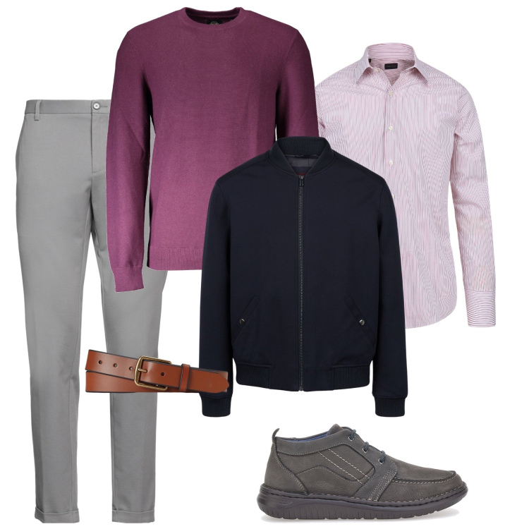 Outfit uomo - Total look. Stile Business/Elegante per Ufficio. Abbinamento con pantaloni, cinture, scarpe stringate, maglieria, camicie, bomber.
