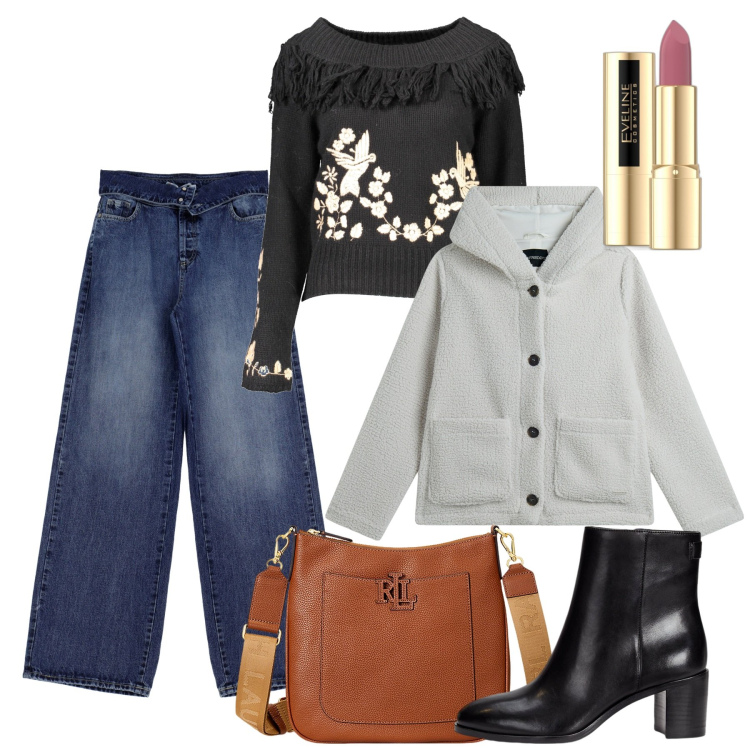 Outfit donna - Novembre. Stile Casual per Tutti i giorni. Abbinamento con rossetti, jeans, blazer, borse a tracolla, stivaletti, maglieria.