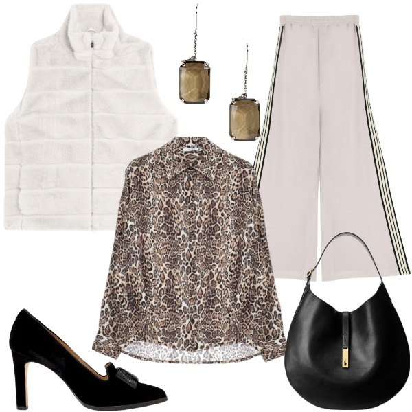 Outfit donna - La camicia animalier. Stile Casual chic per Tutti i giorni. Abbinamento con camicie, pantaloni, gilet, borse a spalla, orecchini, décolleté.
