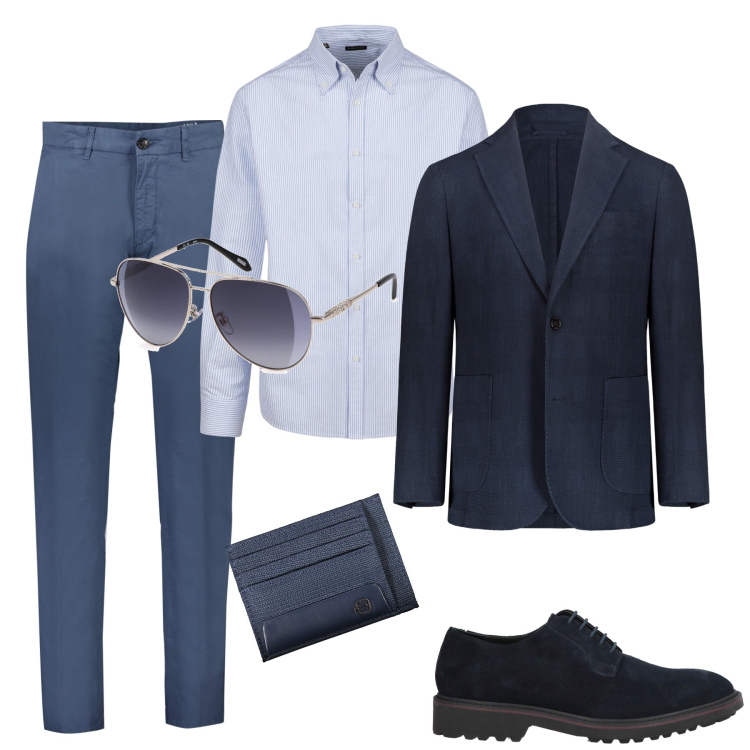 Outfit uomo - Affascinante in blu. Stile Business/Elegante per Serata speciale. Abbinamento con scarpe stringate, giacche, pantaloni, portafogli, camicie, occhiali da sole.