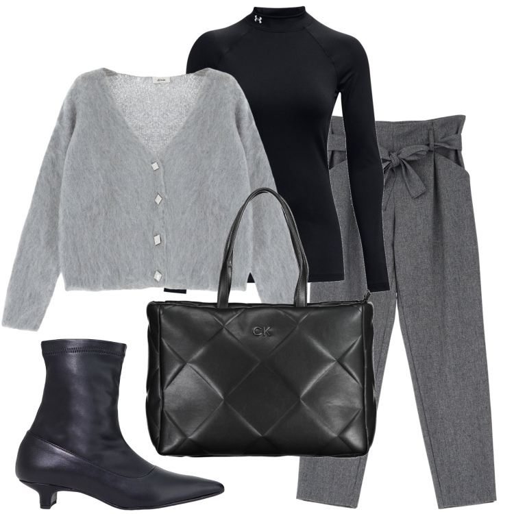 Outfit donna - Grigio e nero. Stile Casual per Ufficio. Abbinamento con pantaloni, stivaletti, cardigans, pullovers, borse a spalla.