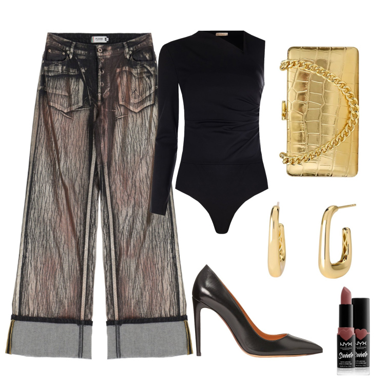 Outfit donna - Pantaloni per la sera. Stile Glamour per Serata fuori. Abbinamento con rossetti, orecchini, body, pantaloni, décolleté, clutch.