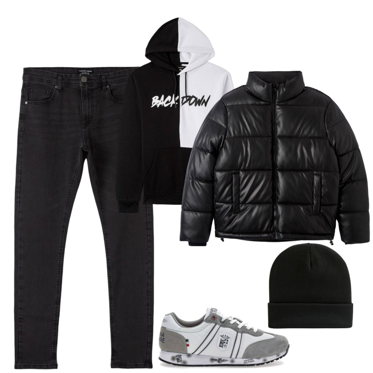 Outfit uomo - Total look #1997656. Stile Casual per Tutti i giorni. Abbinamento con berretti, jeans skinny, felpe con cappuccio, piumini, sneakers.