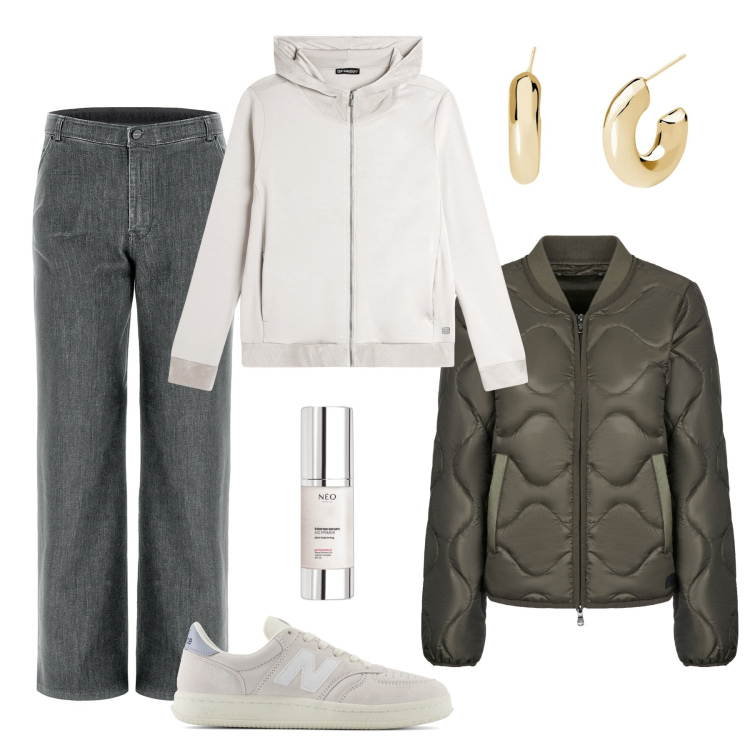 Outfit donna - Street wear in grey. Stile Urban per Tutti i giorni. Abbinamento con primer, orecchini, sneakers, felpe con cappuccio, jeans, blazer.