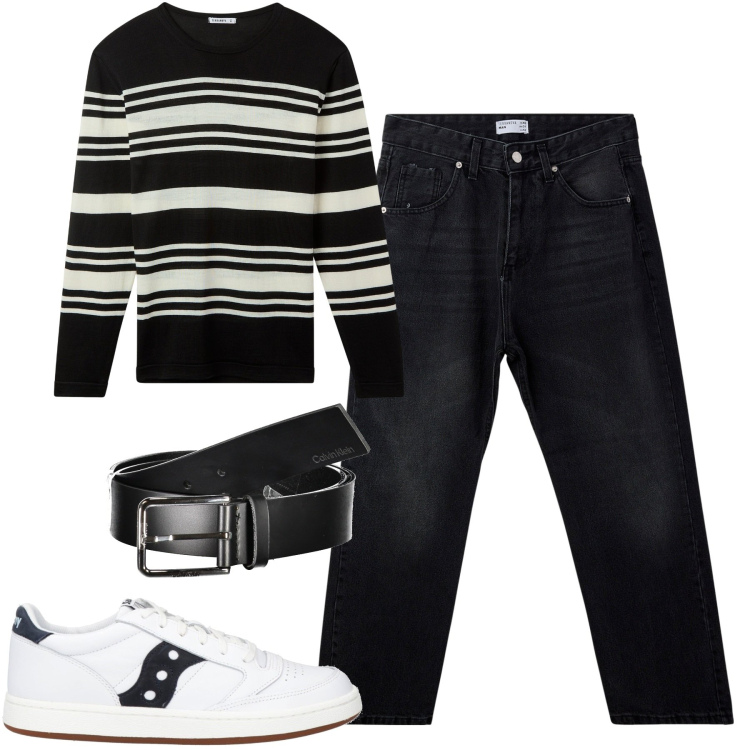 Outfit uomo - City. Stile Casual per Tutti i giorni. Abbinamento con sneakers, maglieria, jeans, cinture.