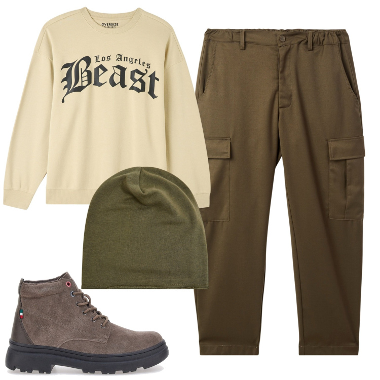 Outfit uomo - Total look #1997671. Stile Casual per Tutti i giorni. Abbinamento con felpe, berretti, pantaloni cargo, stivali e stivaletti.