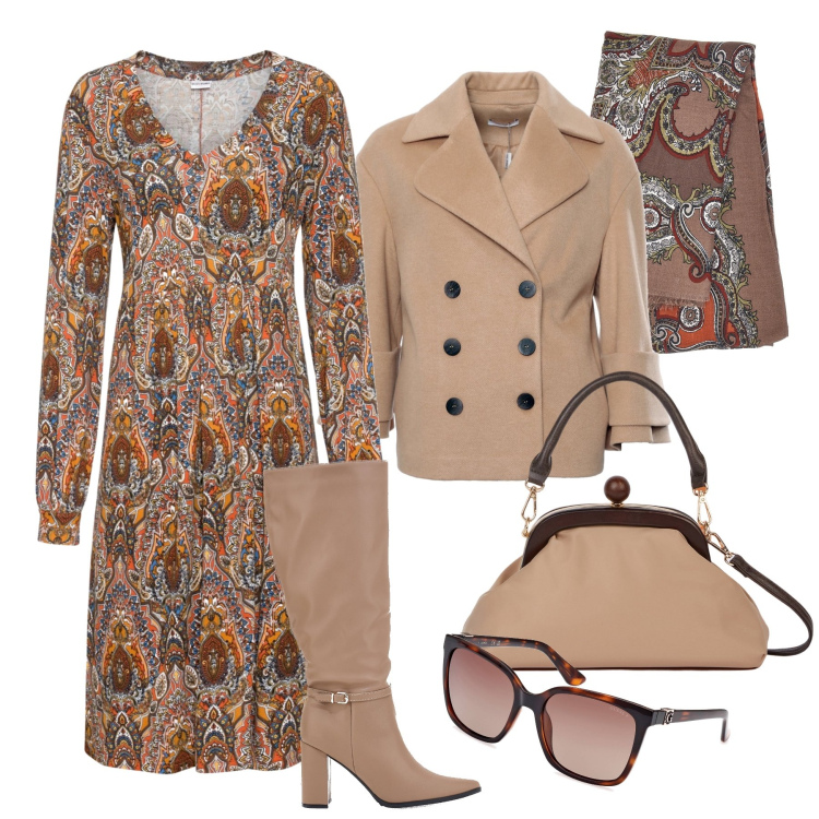 Outfit donna - Un po’ vintage un po’ boho. Stile Vintage retrò per Tutti i giorni. Abbinamento con vestiti, cappotti, foulard, stivali, clutch, occhiali da sole.