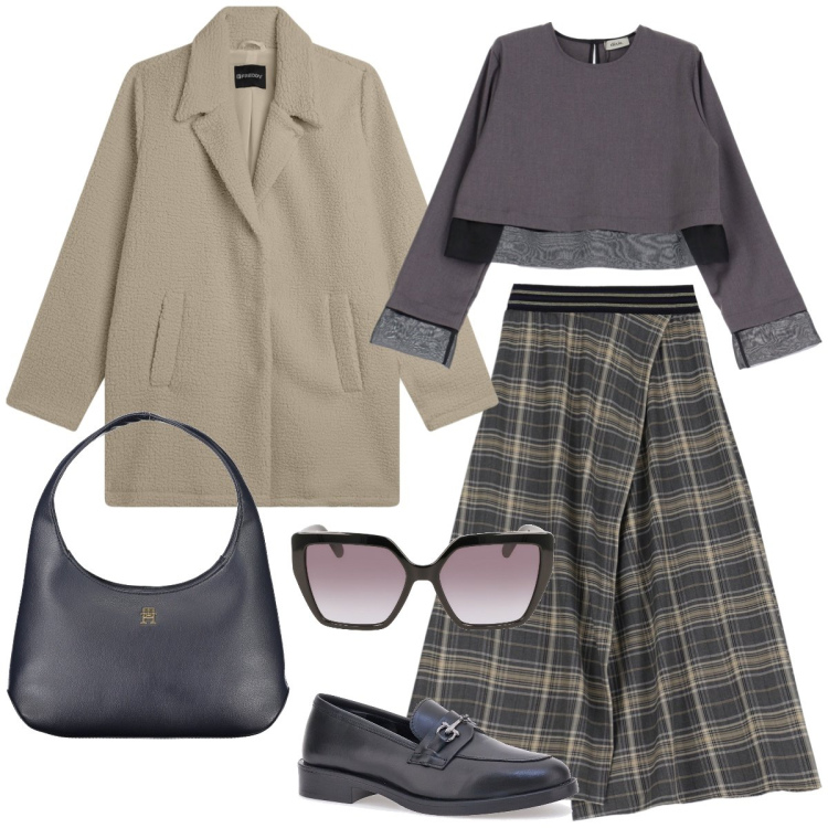 Outfit donna - Quadri. Stile Preppy per Tutti i giorni. Abbinamento con cappotti, gonne lunghe, bluse, mocassini, occhiali da sole, borse a spalla.