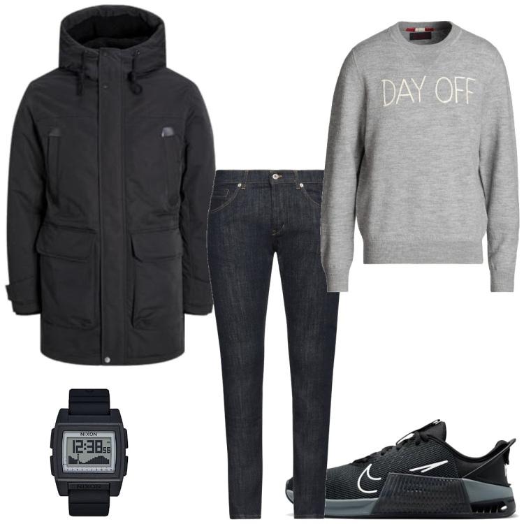Outfit homme - Casual #19795. Style Casual pour Tous les jours. Assortir avec parka, sneakers, montres numériques, jeans, pulls.