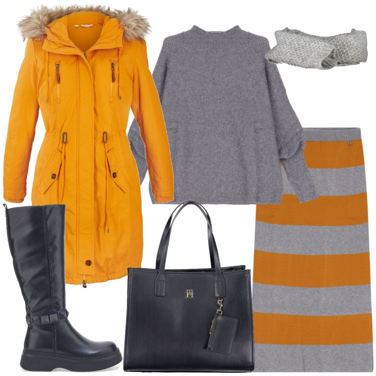 Outfit donna - Righe. Stile Casual per Tutti i giorni. Abbinamento con parka, maglieria, gonne longuette, stivali sopra il ginocchio, borse a spalla, sciarpe.