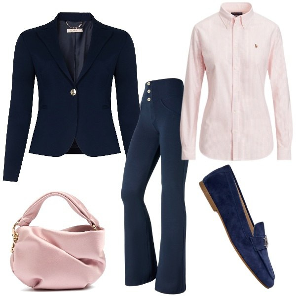 Outfit donna - Particolare rosa confetto. Stile Casual chic per Ufficio. Abbinamento con pantaloni skinny, blazer, mocassini, camicie, borse a mano.