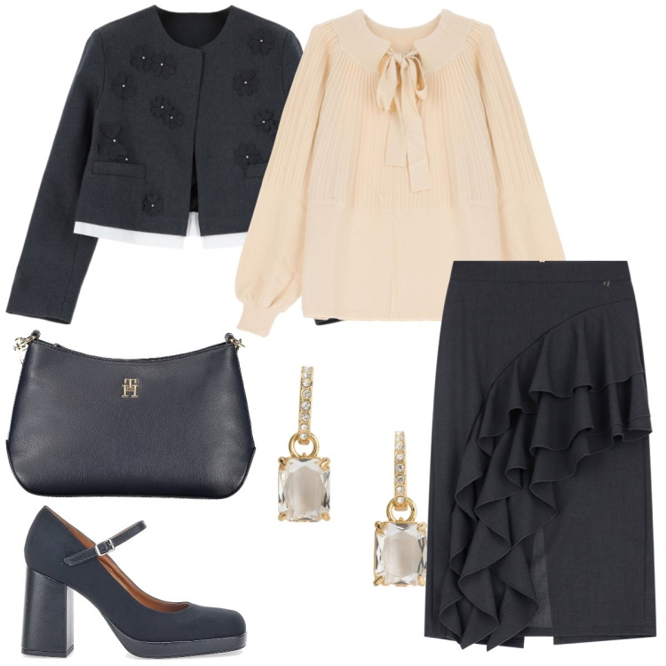 Outfit donna - Rouches. Stile Chic per Cerimonia. Abbinamento con pullovers, blazer, gonne, orecchini, décolleté, borse a tracolla.