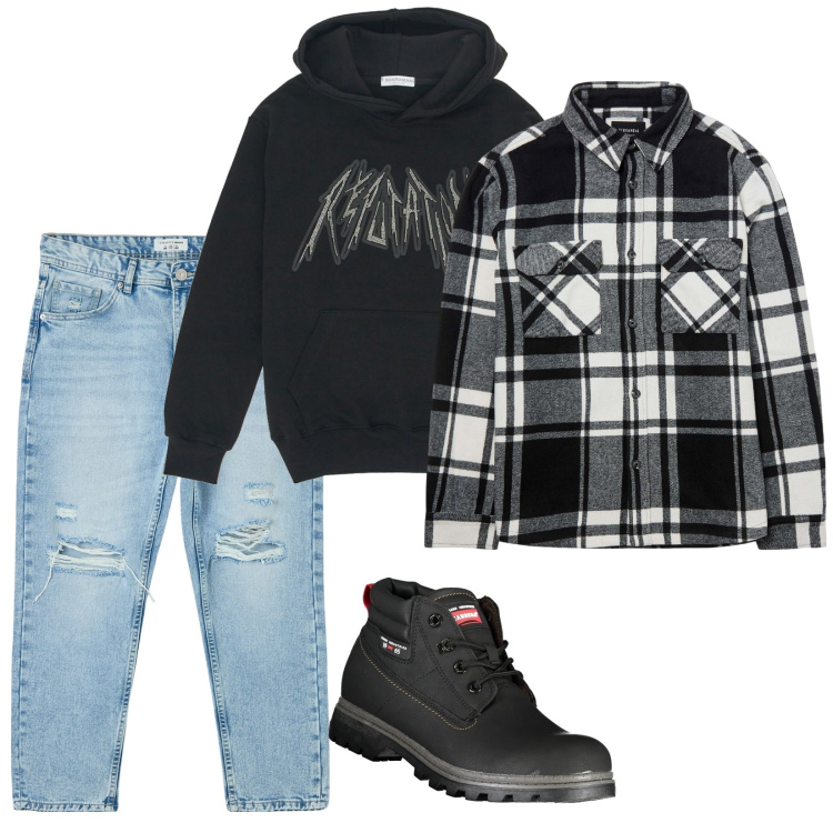 Outfit uomo - Marco. Stile Urban per Tutti i giorni. Abbinamento con jeans strappati, cappotti, felpe con cappuccio, stivali.
