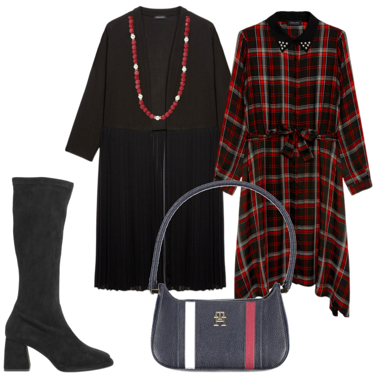 Outfit donna - Serata. Stile Casual chic per Serata fuori. Abbinamento con stivali, cardigans, vestiti asimmetrici, collane, borse a spalla.