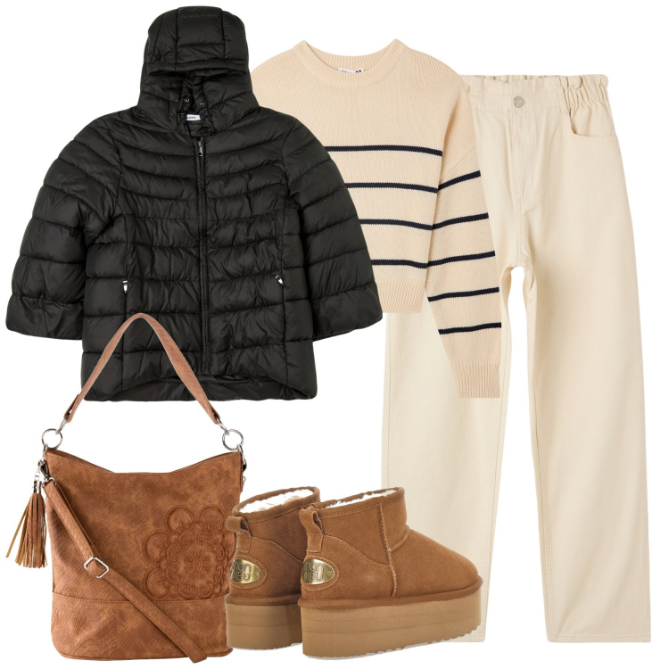 Outfit donna - City. Stile Trendy per Tutti i giorni. Abbinamento con borse a mano, pantaloni, blazer, maglieria, stivaletti.
